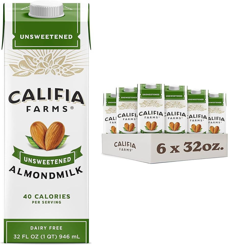 Califia Farms - Unsweetened Almond Milk, 32 Oz (Pack of 6), Dairy Free, Vegan, Plant Based, Keto ... | Amazon (US)