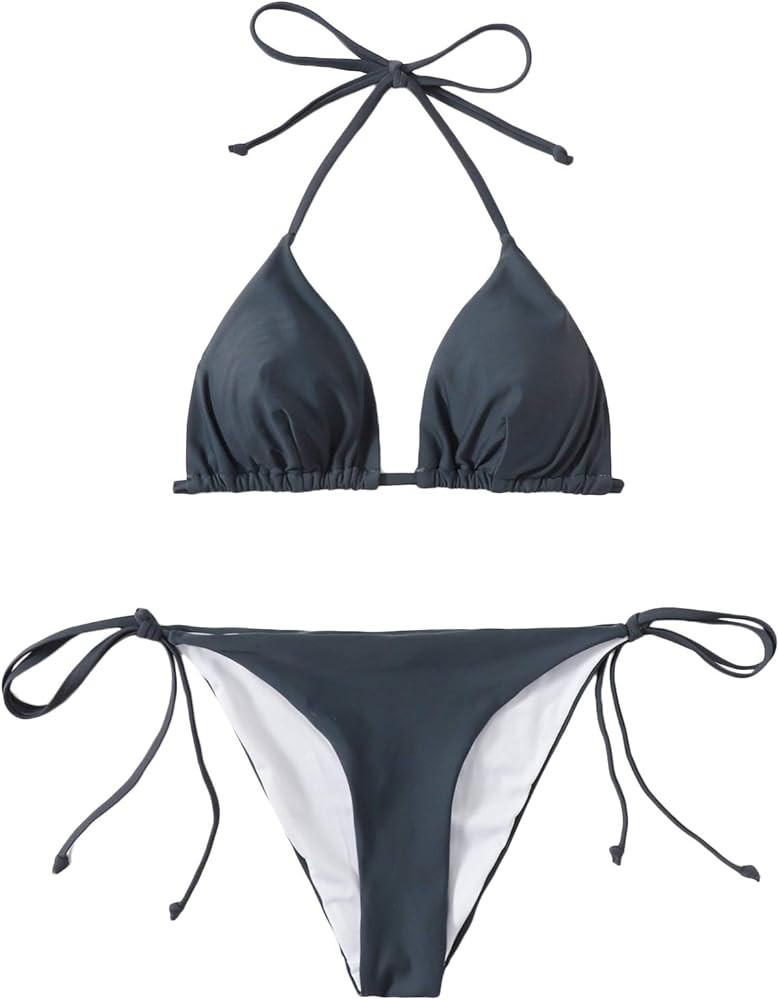 Verdusa Women's Sexy Two Pieces Halter Triangle Self Tie Bathing Swimsuit Bikini Set | Amazon (US)