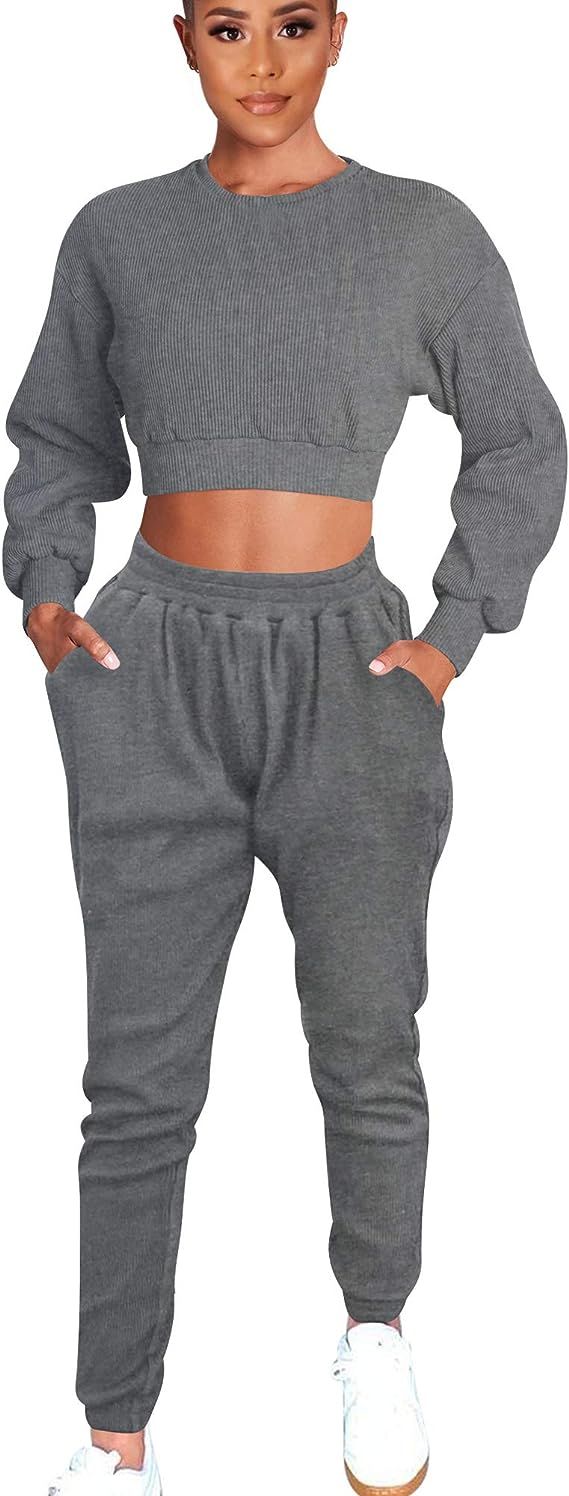 Mizoci Women's 2 Piece Outfits Workout Tracksuit Long Sleeve Crop Top Jogger Pants Set | Amazon (US)