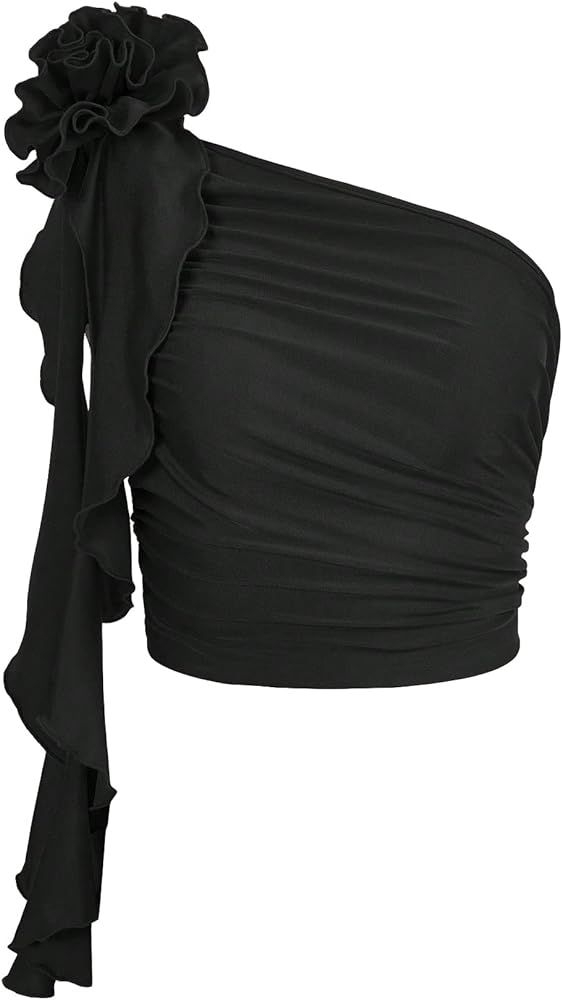 Verdusa Women's Applique Ruffle Trim Ruched One Shoulder Sleeveless Crop Tank Top | Amazon (US)