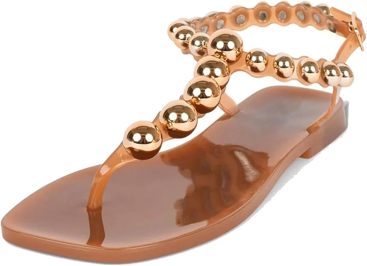 Jelly Flat Sandals for Women Thong Sandals Comfortable Open Square Toe Buckle Ankle Strap Dressy ... | Amazon (US)