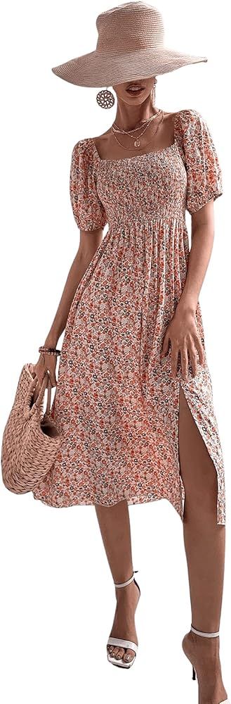 SweatyRocks Women's Boho Floral Dress Puff Sleeve Square Neck A Line Slit Midi Dresses | Amazon (US)