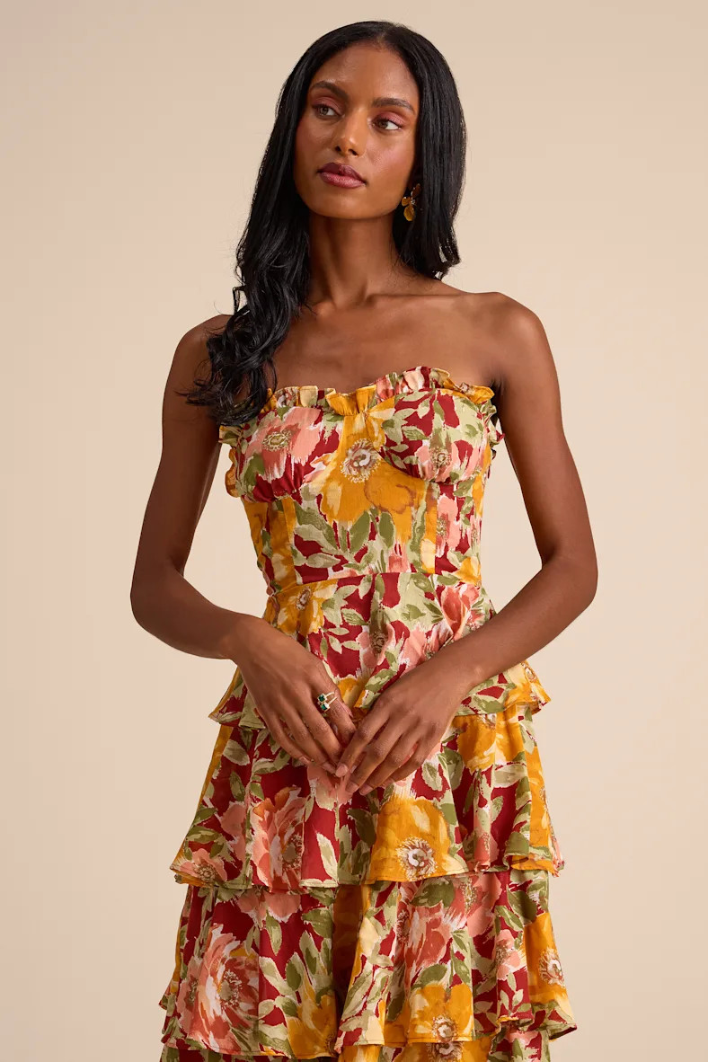 Nahya Yellow Multi Floral Strapless Tiered Midi Dress | Lulus