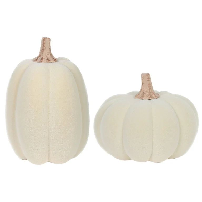 Fall Harvest Cream Flocked Pumpkin Decor, Set of 2, 12.99 in, by Way To Celebrate - Walmart.com | Walmart (US)