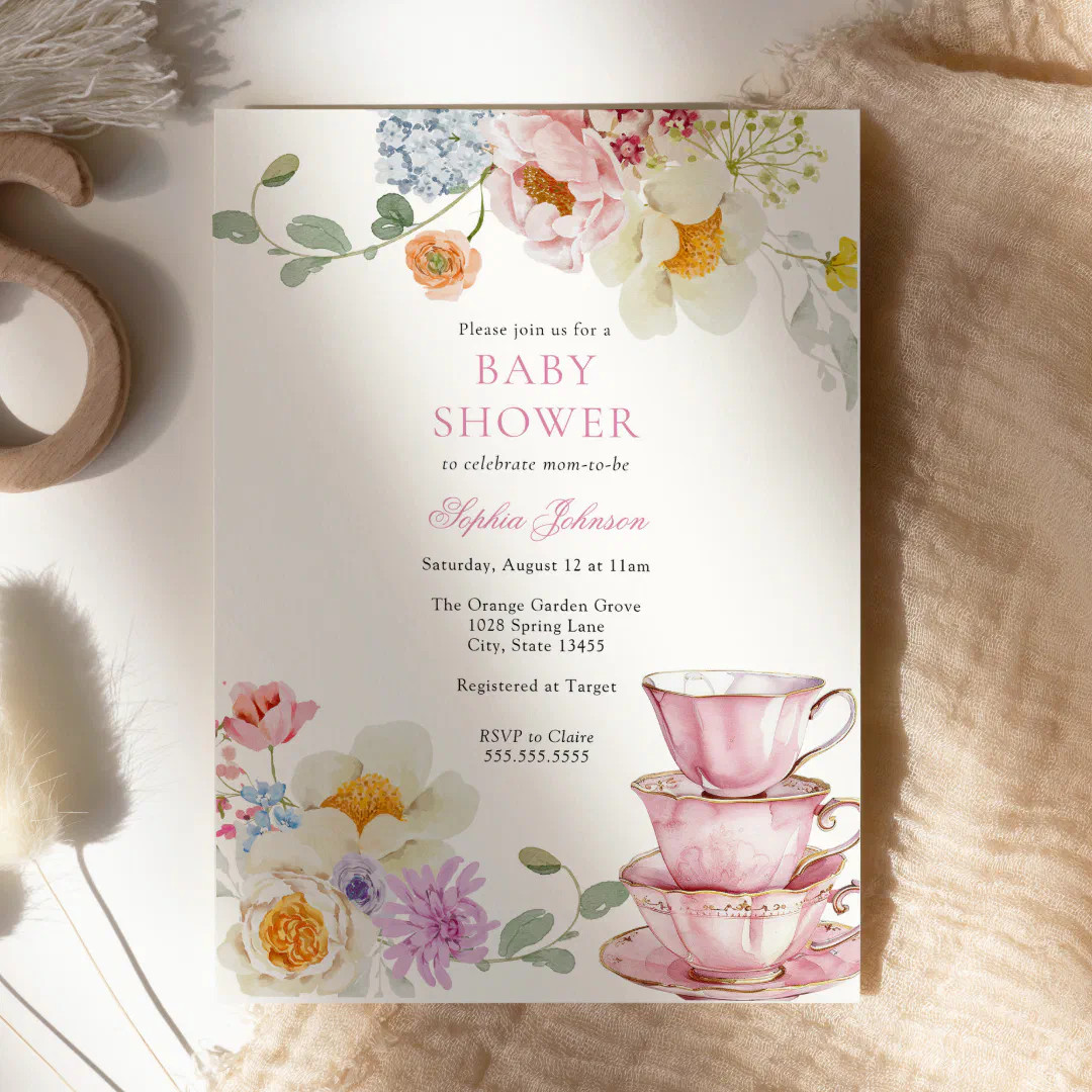 Tea Wildflower Pink Baby Shower Invitation | Zazzle | Zazzle