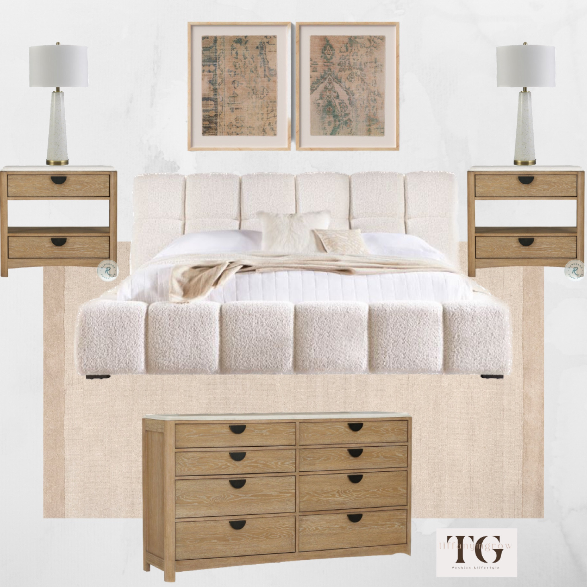 Primary bedroom furniture idea

We have and love this cream AllModern Escape Upholstered bed and have the white and gold speckled table lamps already! Linked ones that are almost identical from Target

Snagging this Target textured fabric framed wall art set of 2 today while they’re 30% off! 

This Rugs USA  Raya Wool Monochromatic Rug is the perfect neutral tone to bring everything together for a cozy feel and is 15% off today!

Can’t link but the dresser and nightstands are called Escape Glazed Natural Oak 

#LTKStyleTip #LTKSaleAlert #LTKHome