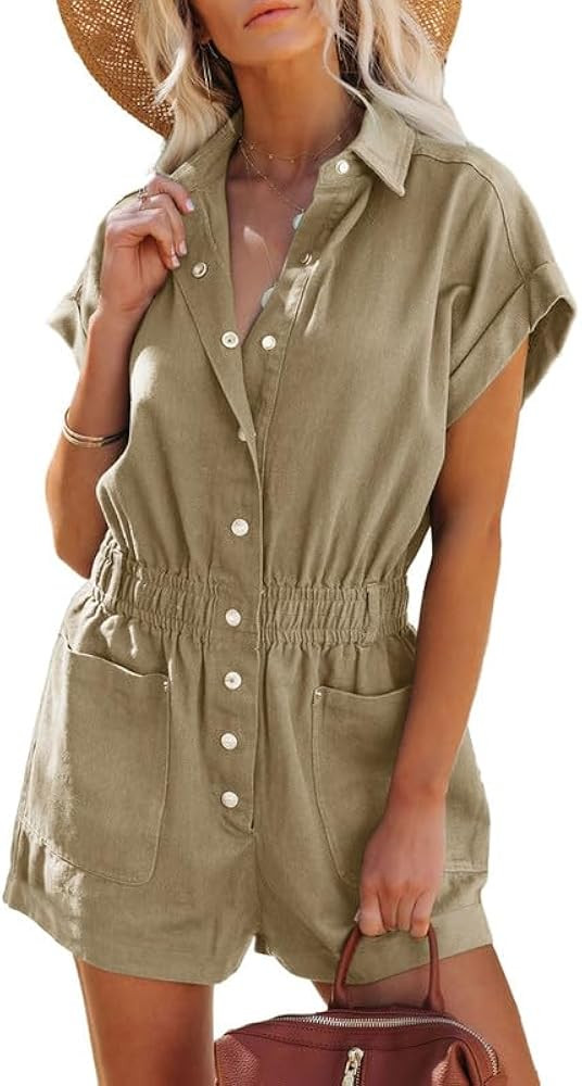 Dokotoo Women's Summer Trooper Utility Cargo Rompers Short Sleeve Button Down Pockets Jumpsuits | Amazon (US)