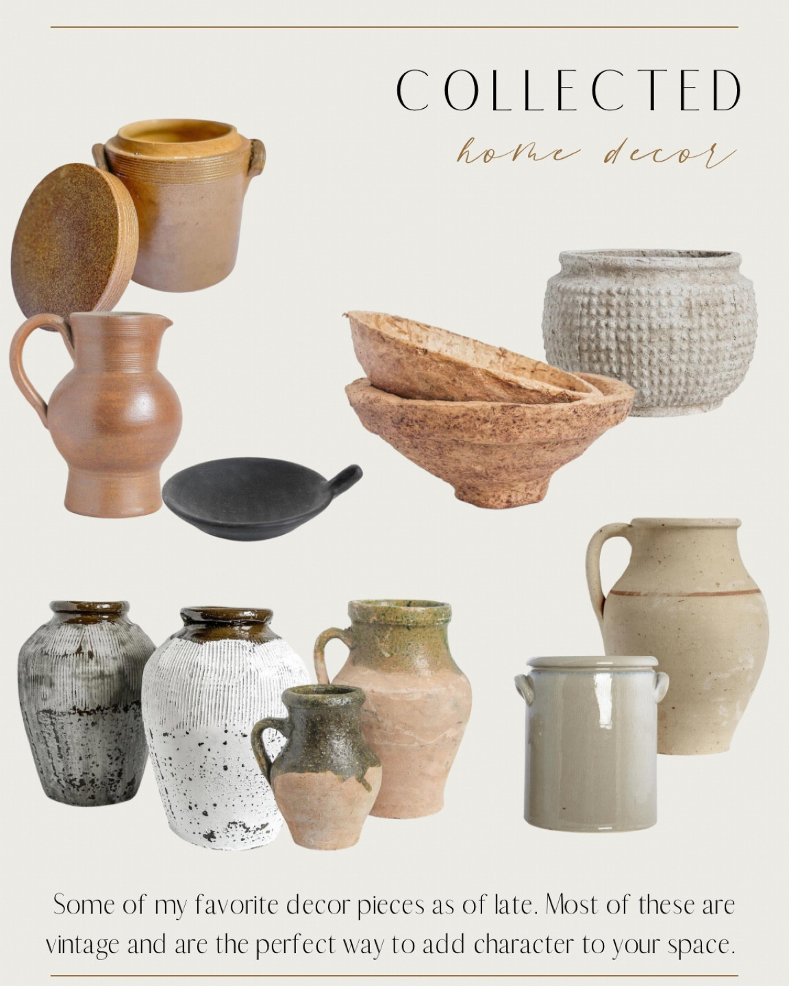 Home decor pieces. 

Vintage decor. Vintage vase. Vintage jug. Pottery. Paper mache bowl. Ceramic bowl. Crock. Tray  

#LTKhome #LTKunder50