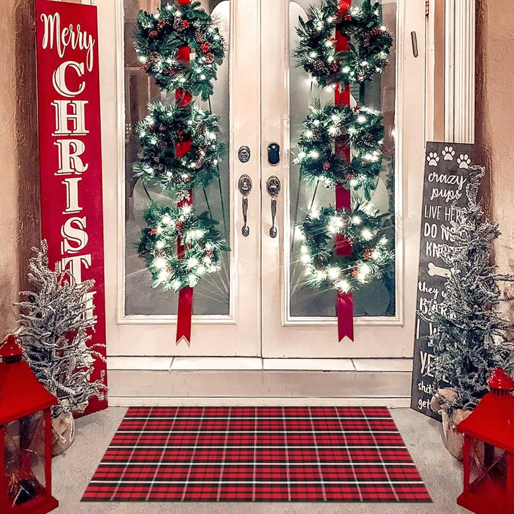 Christmas Rugs Red and Black Plaid, 3'x5' Area Rug Outdoor Indoor Front Porch Doormat Cotton Hand... | Amazon (US)