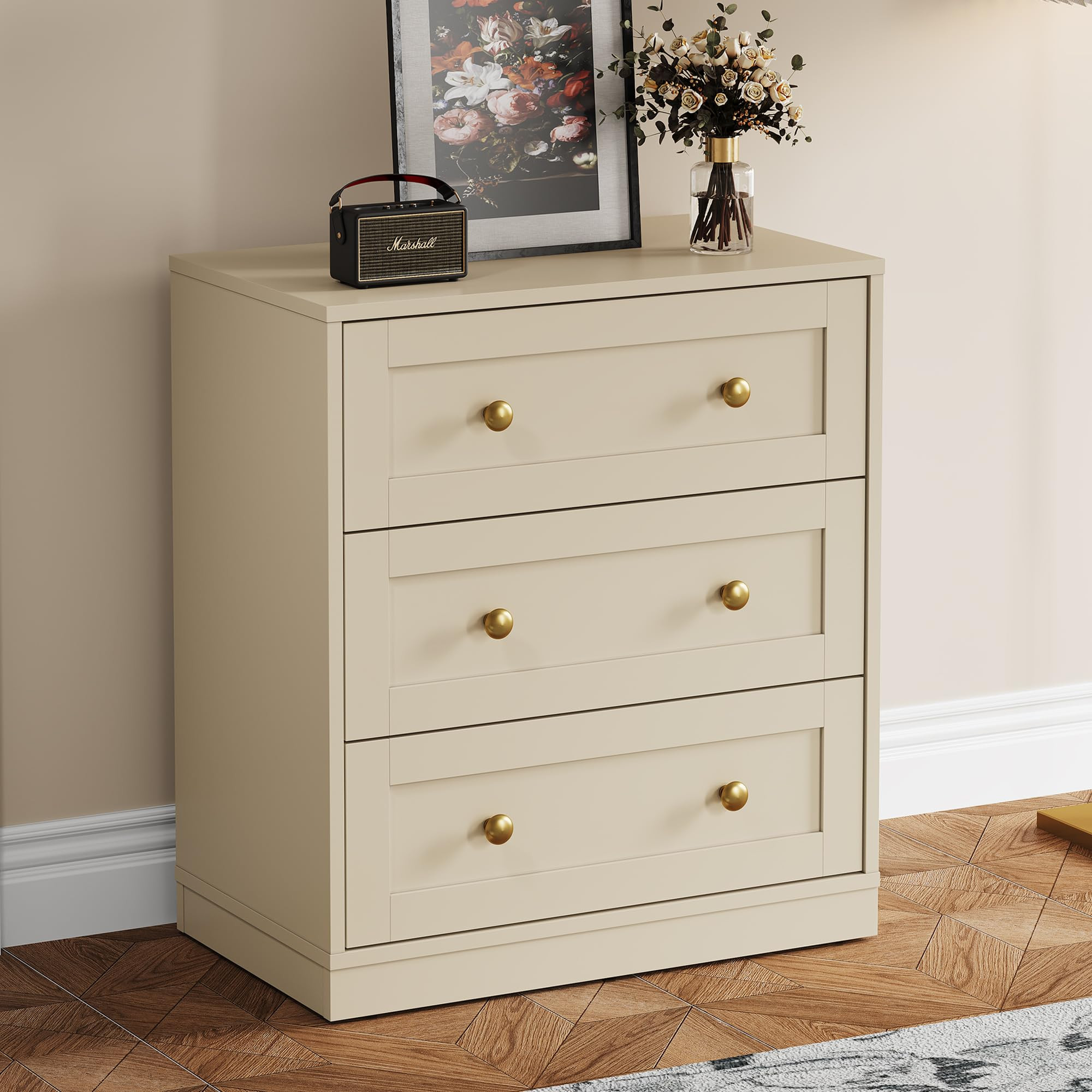RoyalCraft Beige 3 Drawer Nightstand Set of 2, Large Bedside Table with Golden Round Knobs, Moder... | Amazon (US)