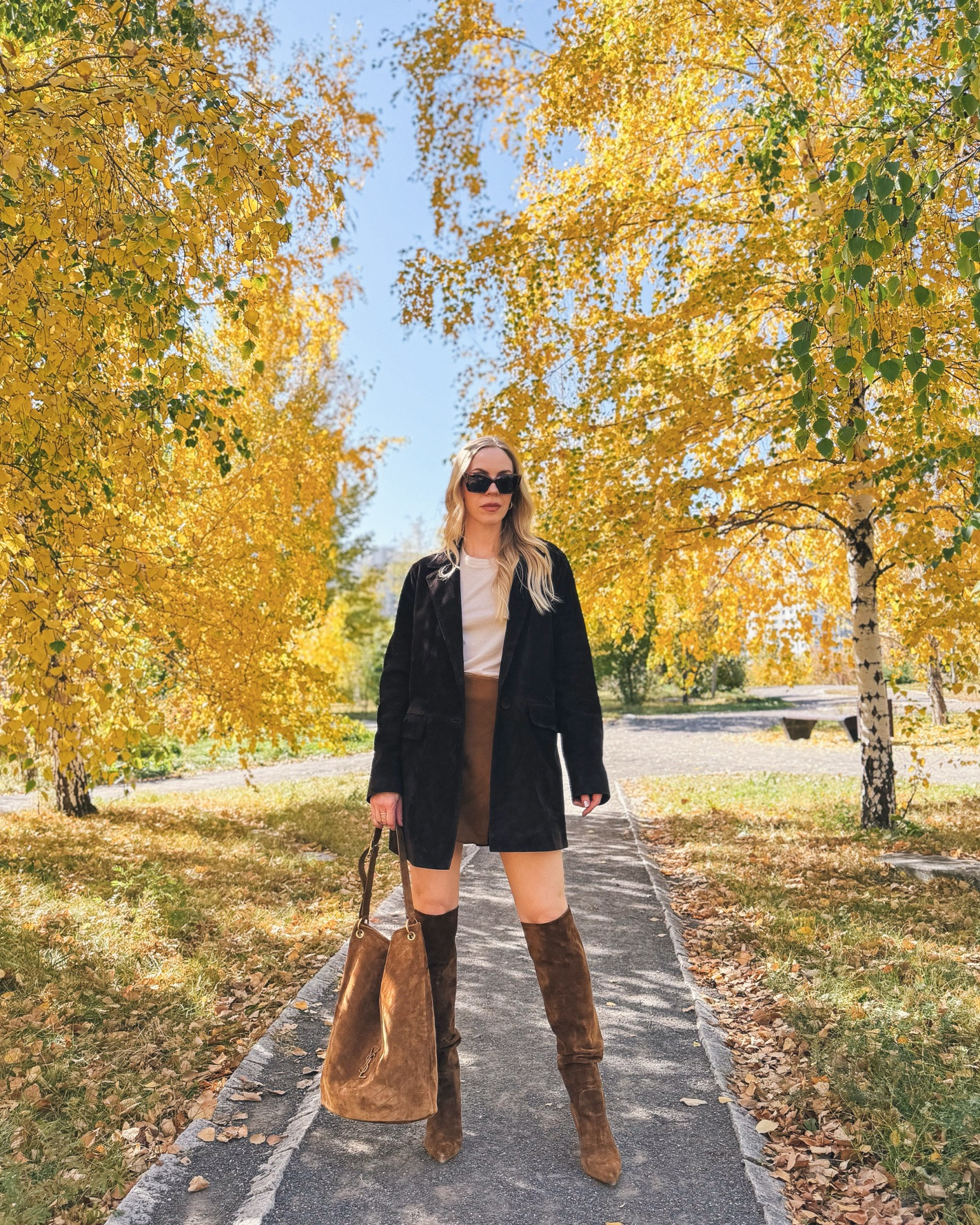 Chic fall outfit with dark brown suede blazer, faux suede mini skirt and suede tall boots

#LTKSeasonal #LTKOver40 #LTKSaleAlert