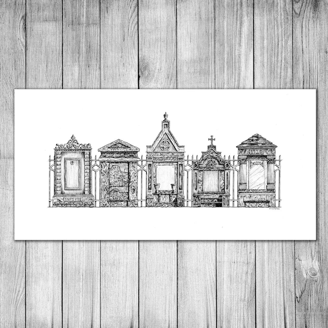 New Orleans Tombs - Black and White -  NOLA Cemetery Art, Pen and Ink Sketch, Graveyard Drawing, ... | Etsy (US)