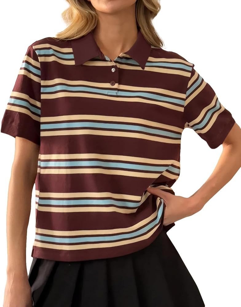 Cioatin Women Y2K Striped Colorblock Button Up Polo T-Shirt Short Sleeve Loose Fit Preppy Aesthet... | Amazon (US)