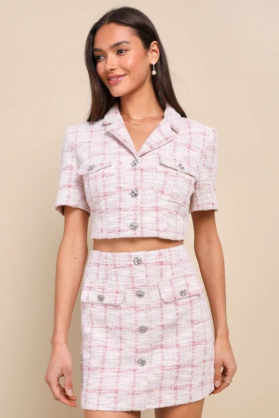 Posh Influence Pink and White Tweed Rhinestone Button-Front Top | Lulus
