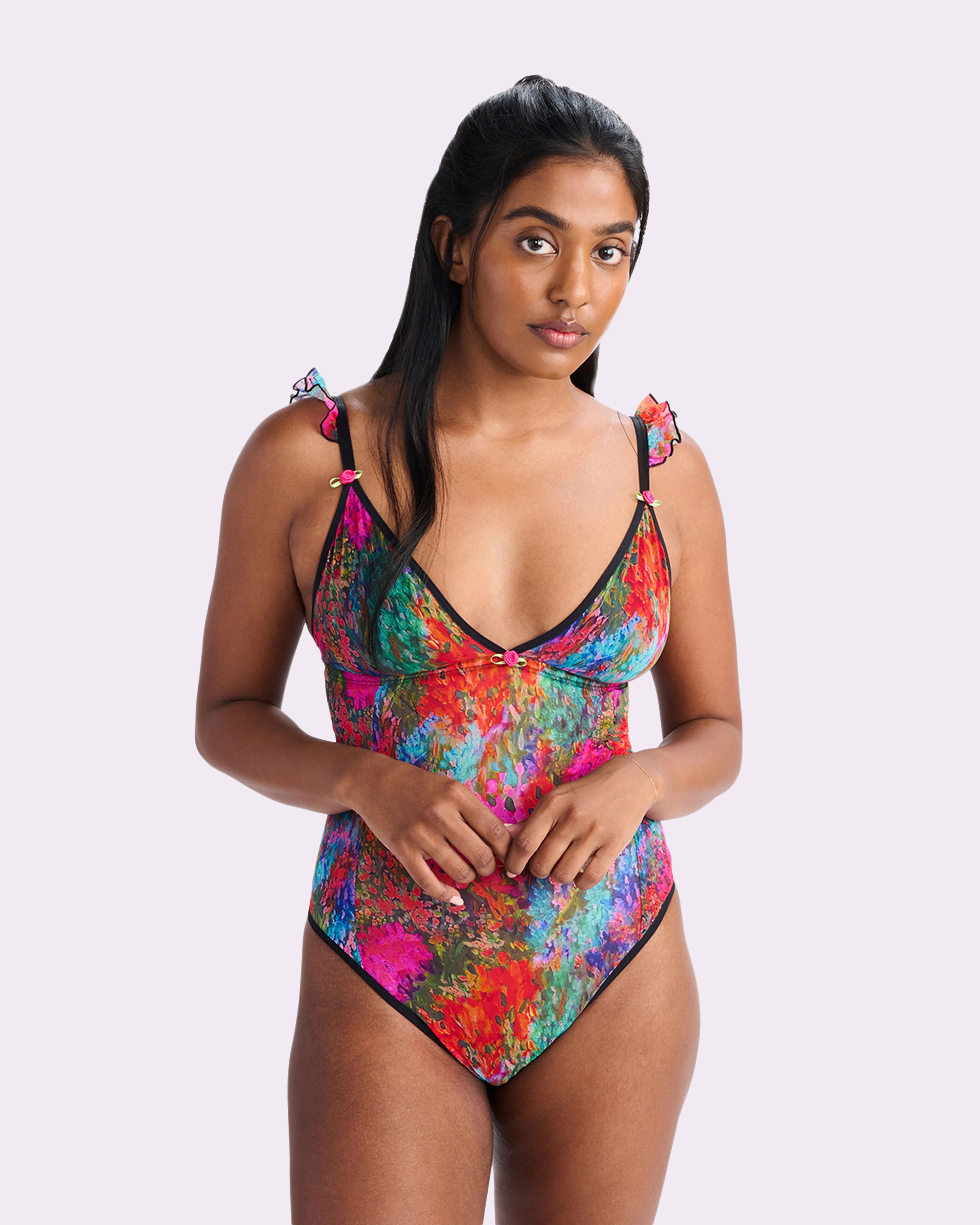 Silky Mesh Flutter Strap Bodysuit | Silky Mesh (Monet Floral) | Parade