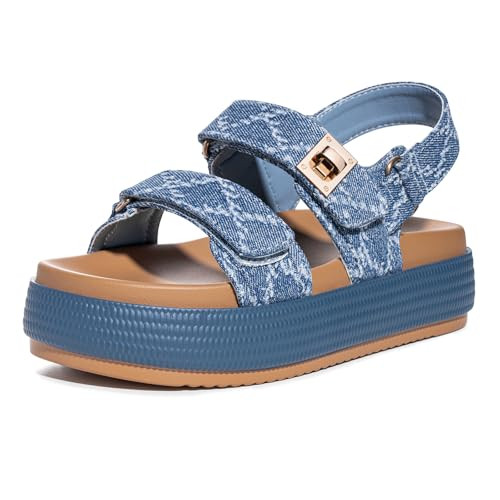FITORY Women Platform Sandals Comfortable Open Toe Beach Shoes with Adjustable Buckle Straps for Summer Blue Size 10 | Amazon (US)
