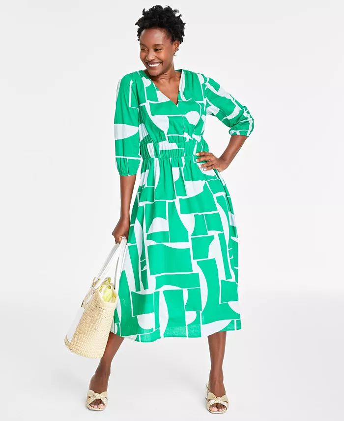 On 34th Women's Cotton Surplice-Neck 3/4-Sleeve Midi Dress, Created for Macy's - Macy's | Macy's