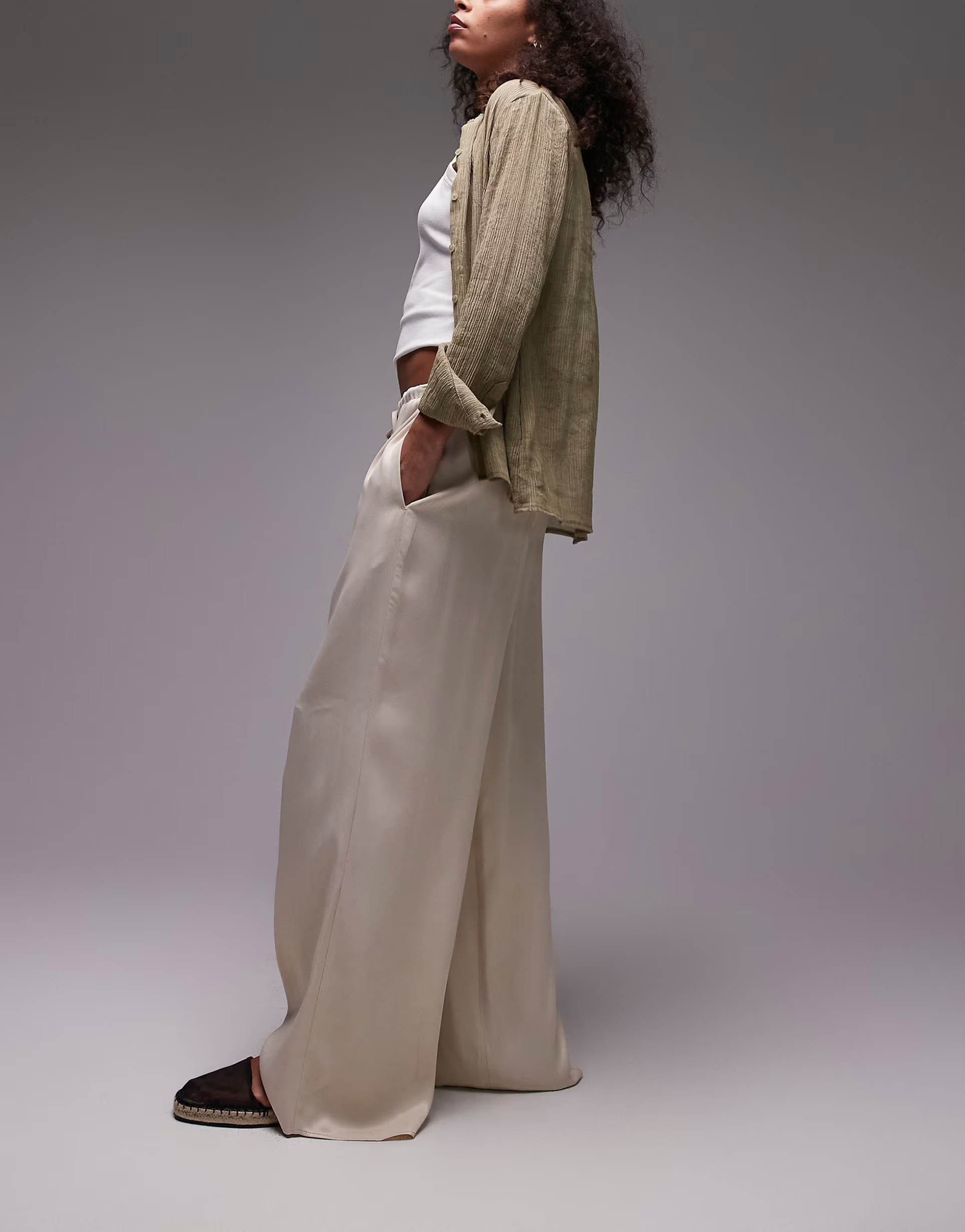 Topshop satin tie waist wide leg trouser in ecru | ASOS | ASOS (Global)