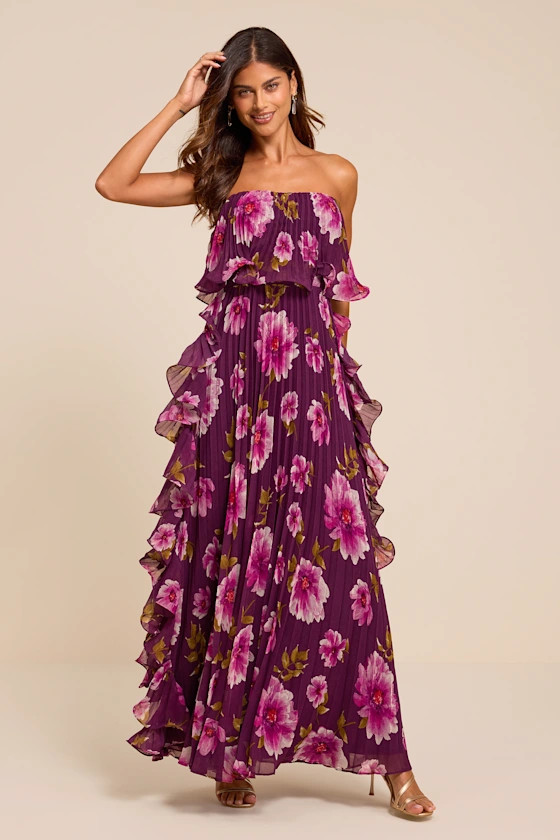 Andri Purple Floral Pleated Ruffled Maxi Dress | Lulus