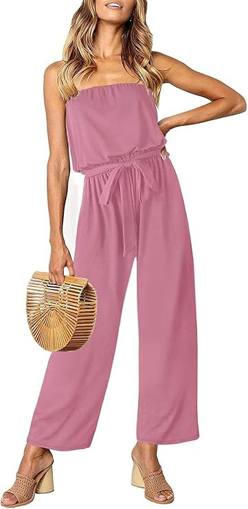 ZESICA Women's Casual Off Shoulder Solid Color Strapless Belted Wide Leg Jumpsuit Romper | Amazon (US)