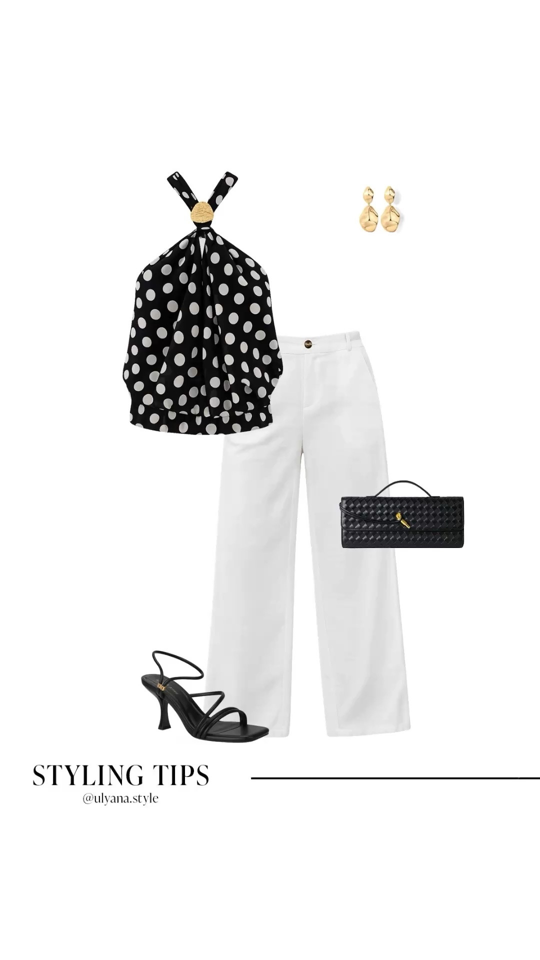 European summer outfit meets chic date night look 🤍 Loving this black and white polka dot halter top with tailored white linen pants and black strappy heels. Such a classy vacation dinner outfit, summer date night outfit, and elevated going out look for Italy, Greece, or a summer rooftop dinner. The polka dot trend is everywhere right now, and this combo feels timeless, feminine, and expensive-looking while still being easy to recreate. Perfect if you’re looking for European summer outfit ideas, classy summer outfits, or elegant vacation outfits. 
#LTKgrwm #LTKootd #LTKSeasonal #LTKU #LTKSaleAlert #LTKTravel 

Resort wear | resort outfits | white linen pants outfit | polka dot top | wide leg pants outfit | black woven bag | summer sandals | black sandals | date night tops | going out tops |