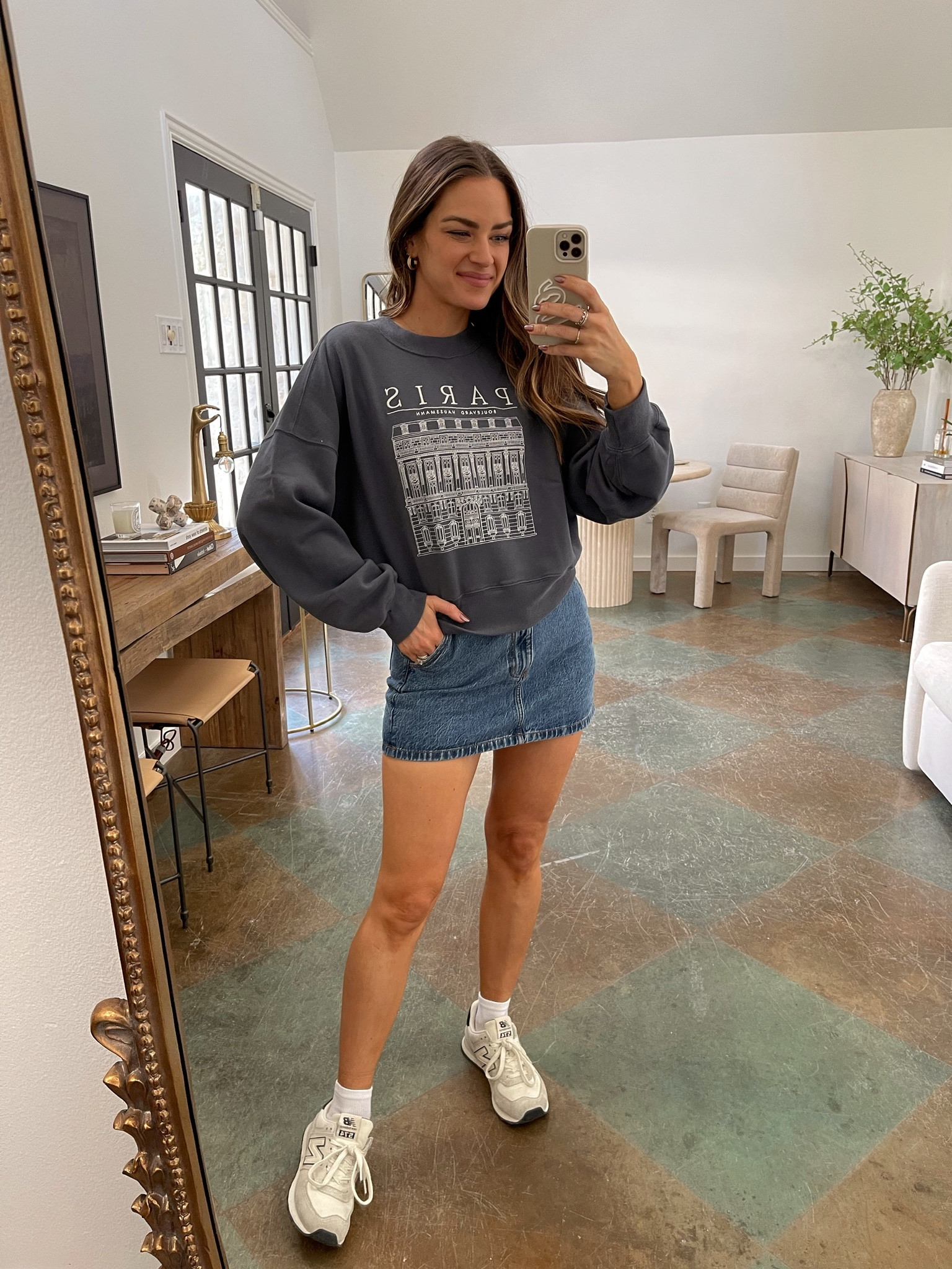 My sweatshirt & denim skirt are on sale for 20% off today! Wearing a size S in both. Sneakers fit TTS.
