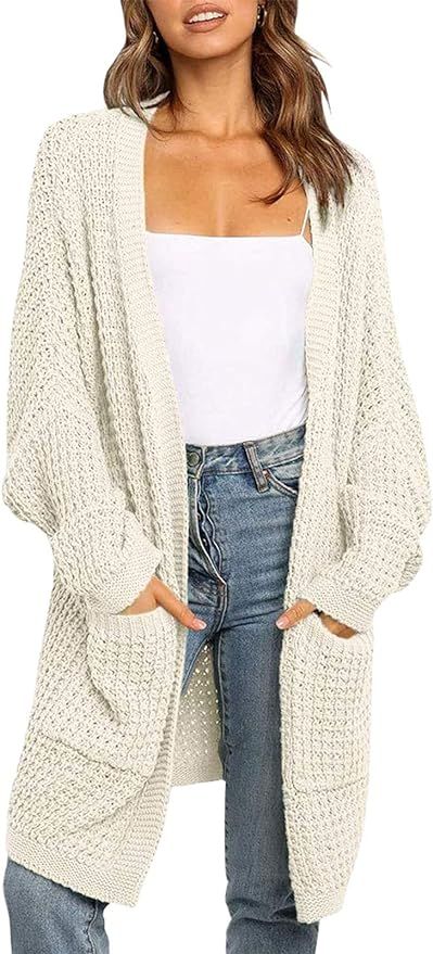 ZESICA Women's Long Batwing Sleeve Open Front Chunky Knit Cardigan Sweater,B&Apricot,Large at Ama... | Amazon (US)