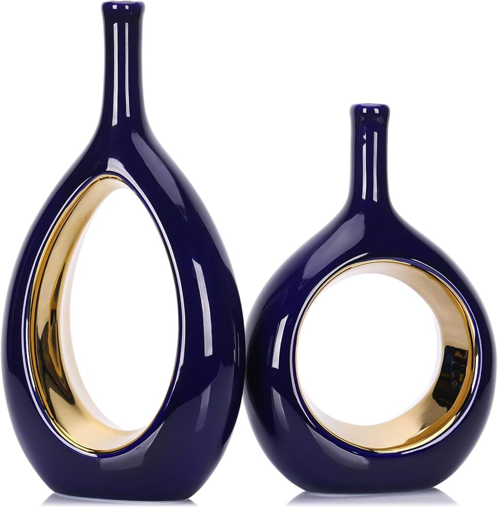 Royal Blue Gold Vase Ceramic Blue Vases Home Decor,Modern Minimalist Circle with Hole Decorative ... | Amazon (US)