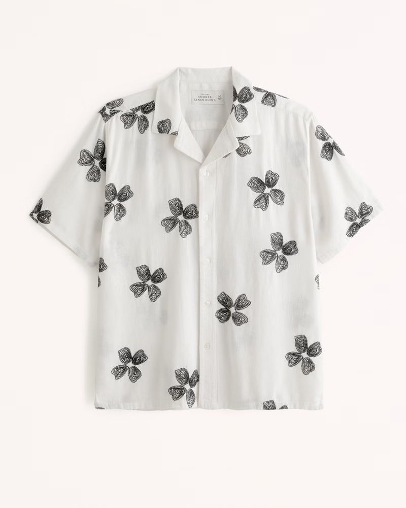 Abercrombie & Fitch Men's Camp Collar Summer Linen-Blend Embroidered Shirt in Off White Pattern - Si | Abercrombie & Fitch (US)