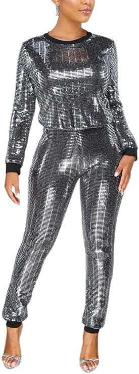 EOSIEDUR Womens 2 Piece Outfits & Sexy Silver Glitter Sequins & Metallic Shiny Top and Pants Set | Amazon (US)