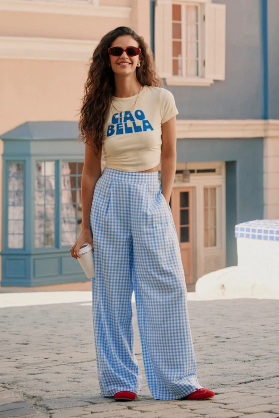 Delphine Blue and White Gingham Wide-Leg Pants | Lulus