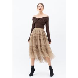 Ruffle Tiered Hi-Lo Mesh Tulle Skirt in Tan | Chicwish