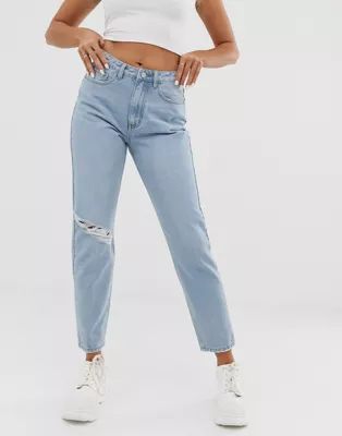 Missguided riot mom jeans with rip in stonewash | ASOS US