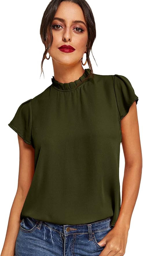 Romwe Women's Elegant Short Sleeve Mock Neck Workwear Blouse Top Shirts | Amazon (US)