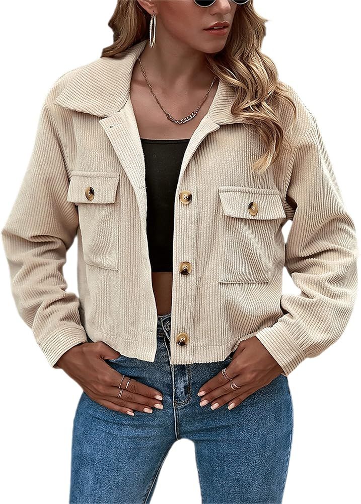 Zhiyouni Women's Cute Cropped Corduroy Jackets Casual Oversized Shirts Shackets | Amazon (US)