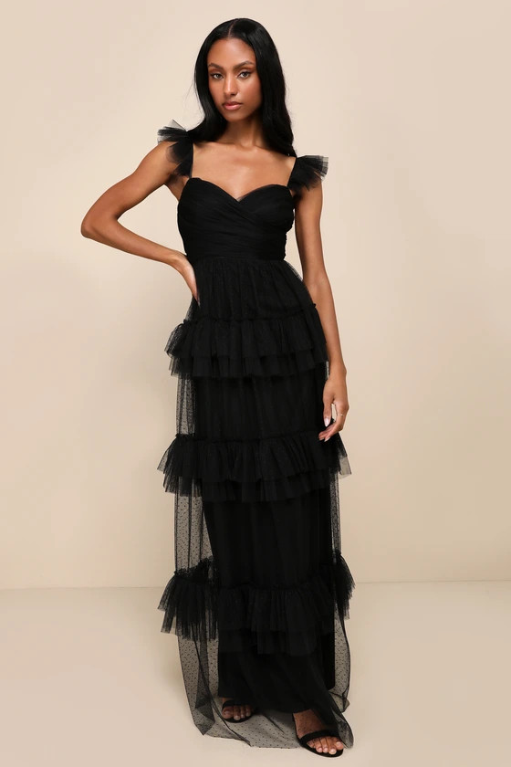 Pure Radiance Black Mesh Swiss Dot Backless Tiered Maxi Dress | Lulus