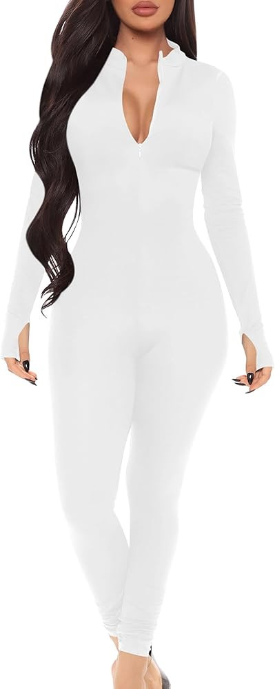 Mizoci Women's Sexy One Piece Jumpsuit Bodycon Long Sleeve V Neck Zipper Full Bodysuit | Amazon (US)