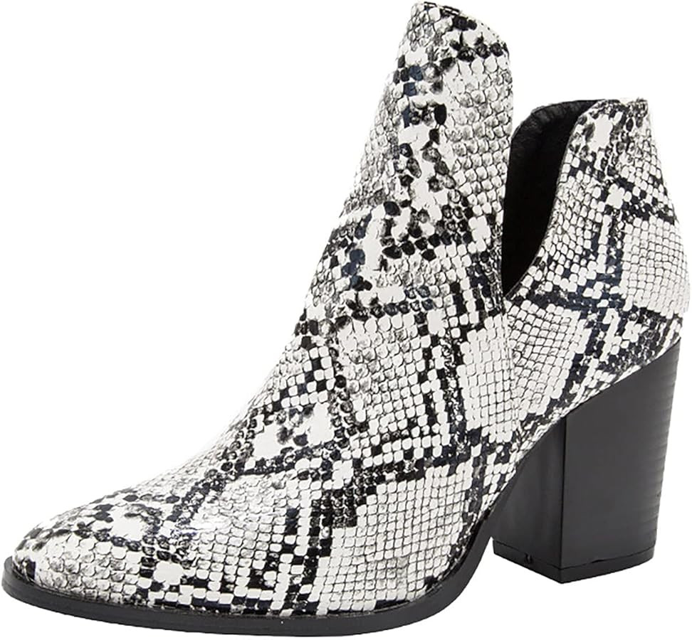 Bcshiye Womens Ankle Boots Snakeskin Printed Cutout Pointed Toe Chunky Mid Heel Booties Side Zipp... | Amazon (US)