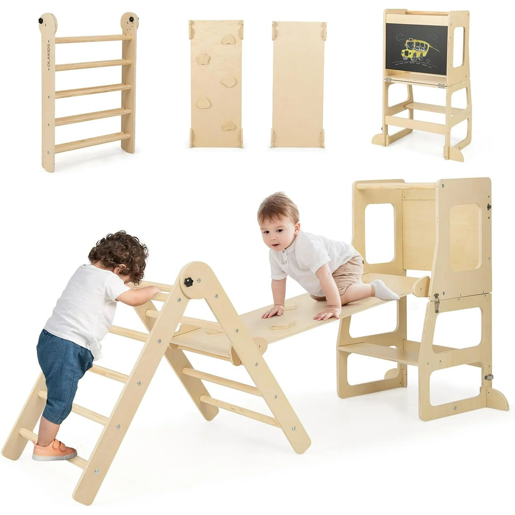 OLAKIDS Climbing Toys for Toddlers, 8 in 1 Foldable Wood Pikler Montessori Jungle Gym with Toddle... | Walmart (US)