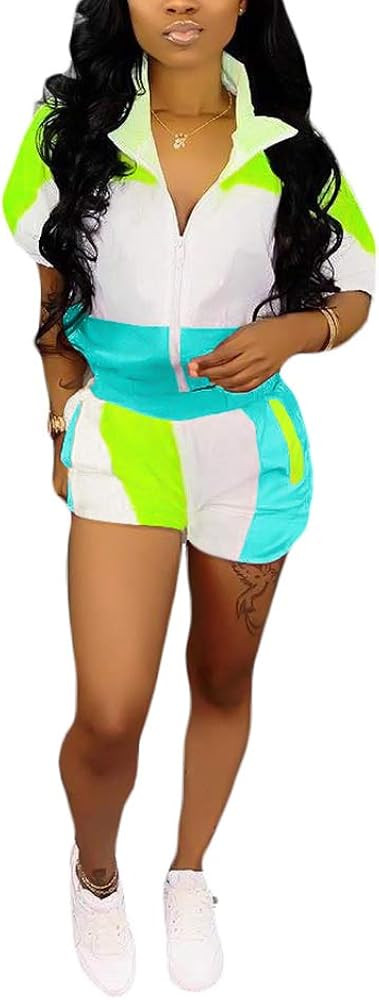 Ophestin Womens Casual 2 Piece Outfits Patchwork Half Sleeve Jacket Shorts Sets | Amazon (US)