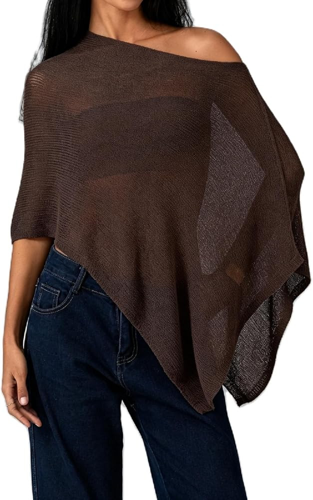 Womens Sheer Poncho Top Y2k Knitted Summer Asymmetrical Mesh Shawl Pullover Sweater Cover Up Tops | Amazon (UK)