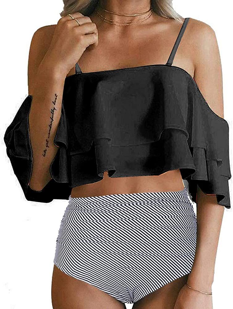 Tempt Me Women Two Piece High Waisted Bikini Set Swimsuit Tummy Control Bottoms Ruffle Off Shoulder  | Amazon (US)