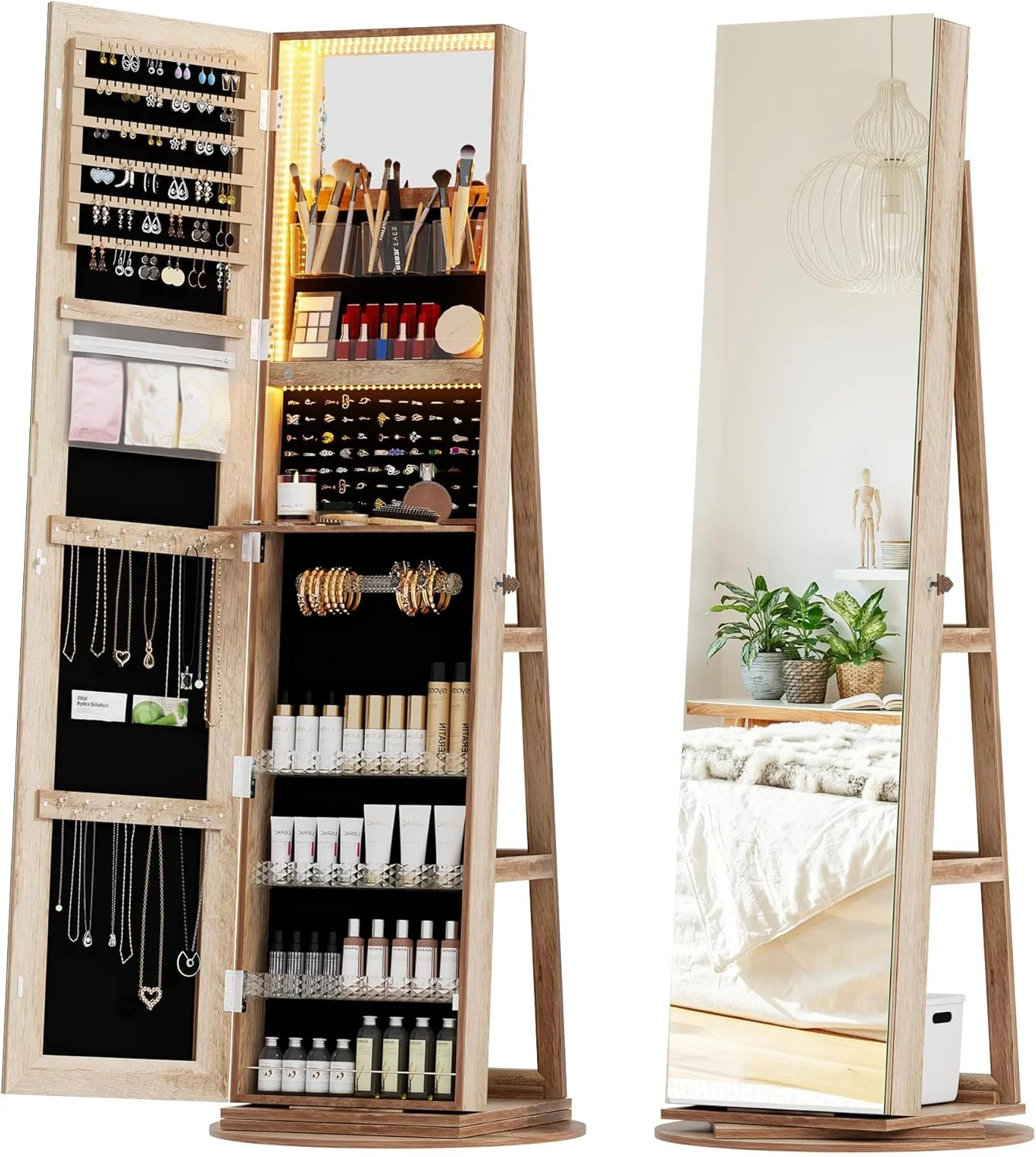 Mirror Jewelry Cabinet with LED Lights, Full-Length Standing Mirror Jewelry Armoire Organizer wit... | Walmart (US)