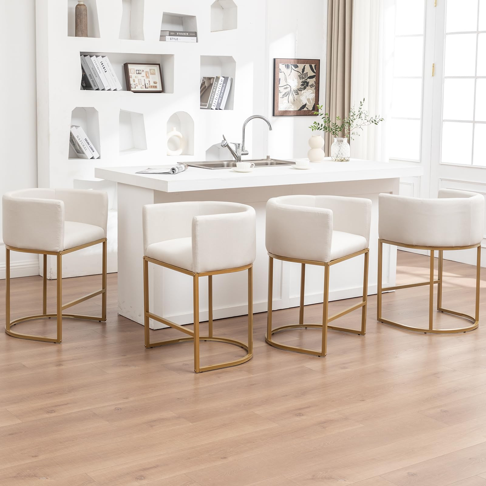 Riknuxi 25" Gold Bar Stools Set of 4, Modern Barrel Barstools with Back, Black Metal Frames, Coun... | Amazon (US)