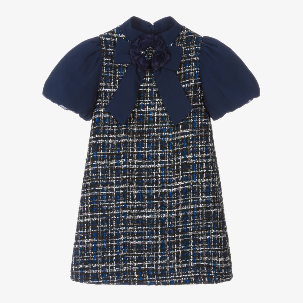 Girls Navy Blue Tweed Dress with Crêpe Bow | Childrensalon