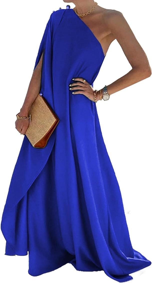 Vrtige Women's Beaded One Shoulder Cloak Sleeve Split Slit Hem Maxi Long Formal Dress | Amazon (US)