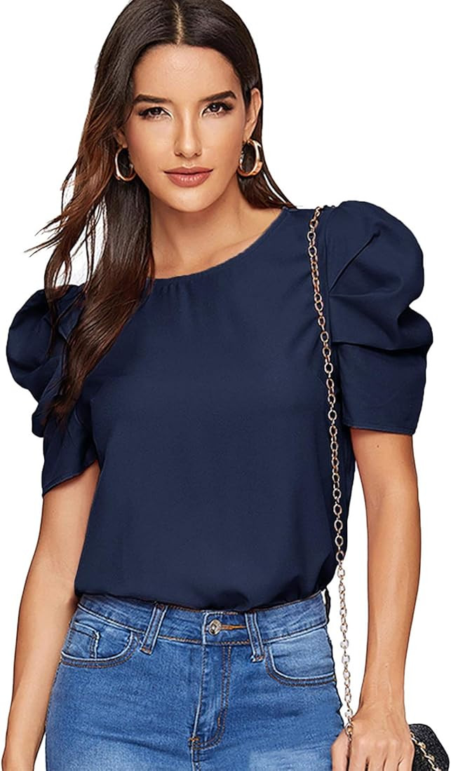Floerns Women's Round Neck Short Puff Sleeve Keyhole Back Blouse Tops | Amazon (US)