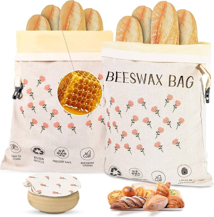 2 Pack Beeswax Bread Bag,17"\u00d713"Reusable Organic Bread Bags for Homemade Bread Sourdough,Lin... | Amazon (US)