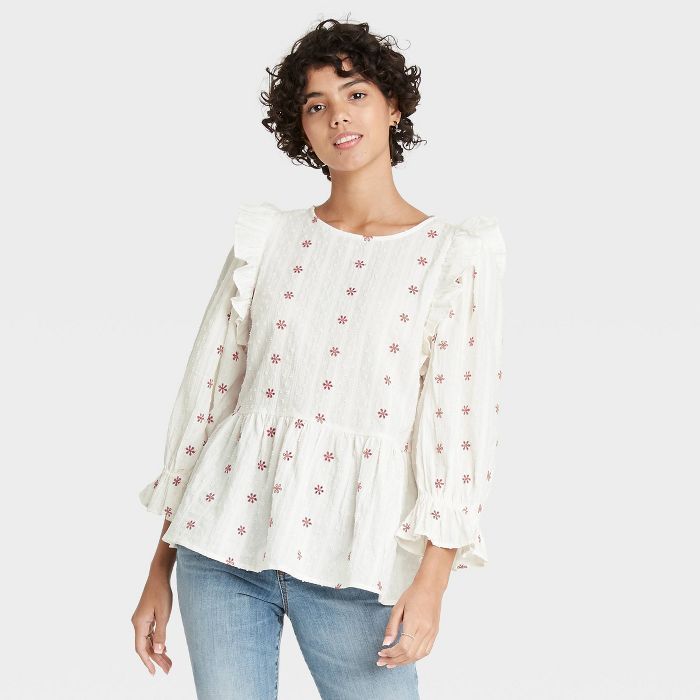 Women's Puff 3/4 Sleeve Embroidered Ruffle Top - Universal Thread™ | Target