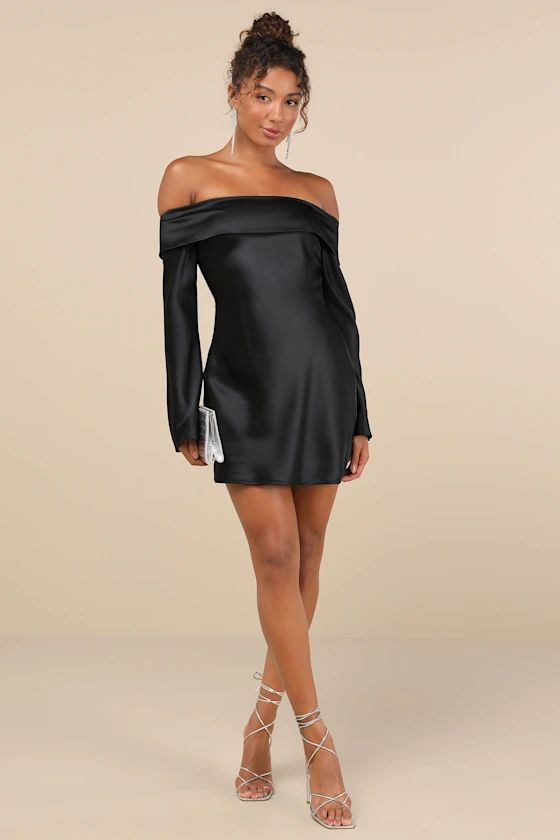 Luxurious Vision Black Satin Off-the-Shoulder Mini Dress | Lulus